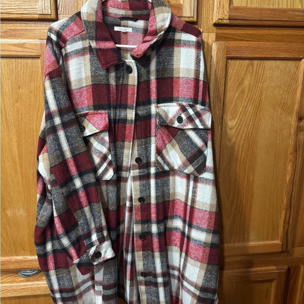 Maurices Red and Black Plaid Flannel Shacket - Picture 3 of 9